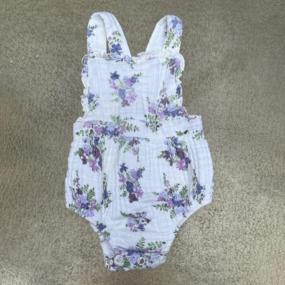 Angel Dear purple floral muslin romper size 0-3M